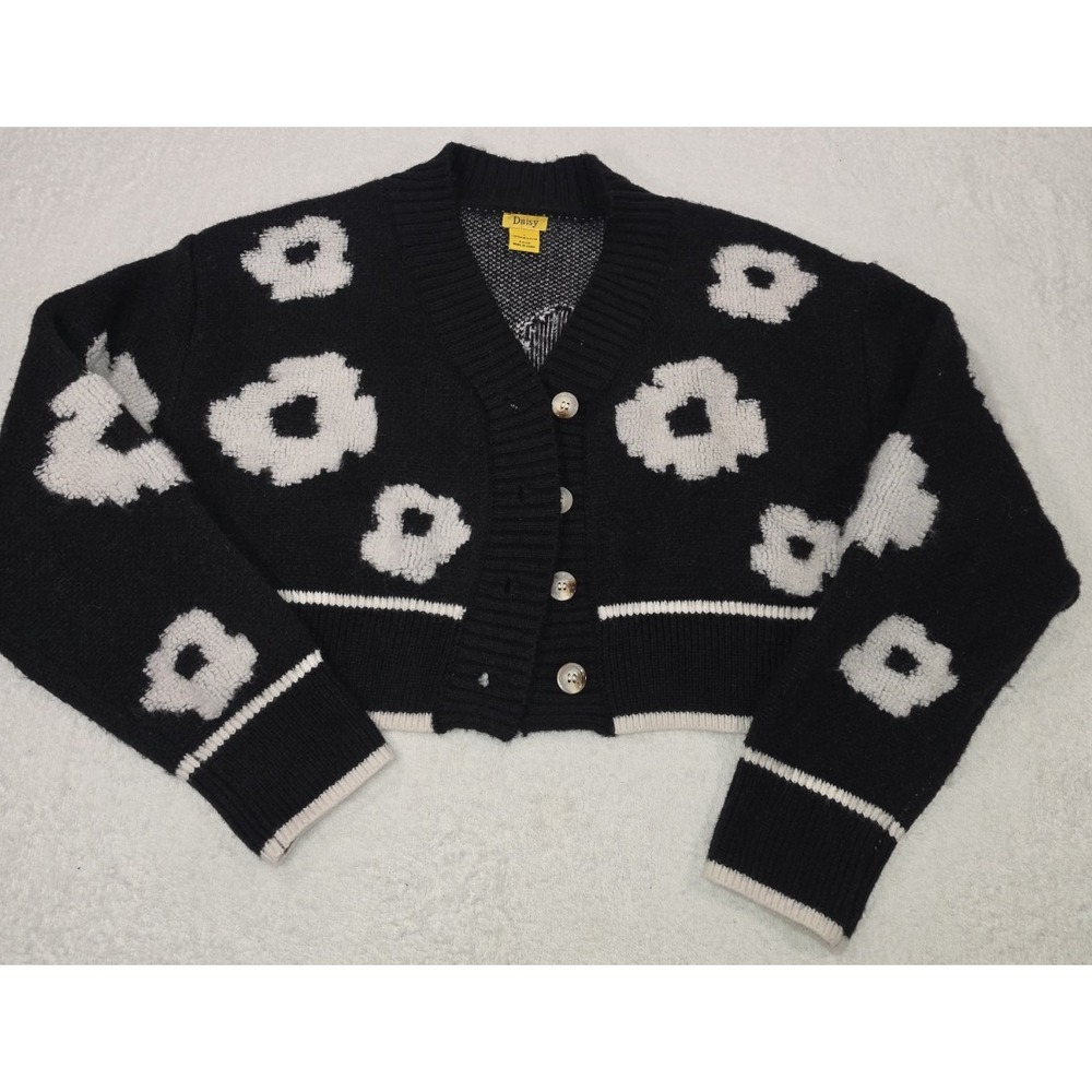 Daisy Black Knit Cardigan – White Floral Pattern – Button Front – Women's
